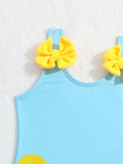 Baby Girl Little Yellow Duck Print Bow Decor One-Piece Swimsuit