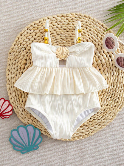 Baby Girl One-Piece Swimsuit,Holiday White Ruffle Seashell Frilled Monokini,Cute Polyester Summer Beach Bathing Suit,Fashionable Toddler Swimwear