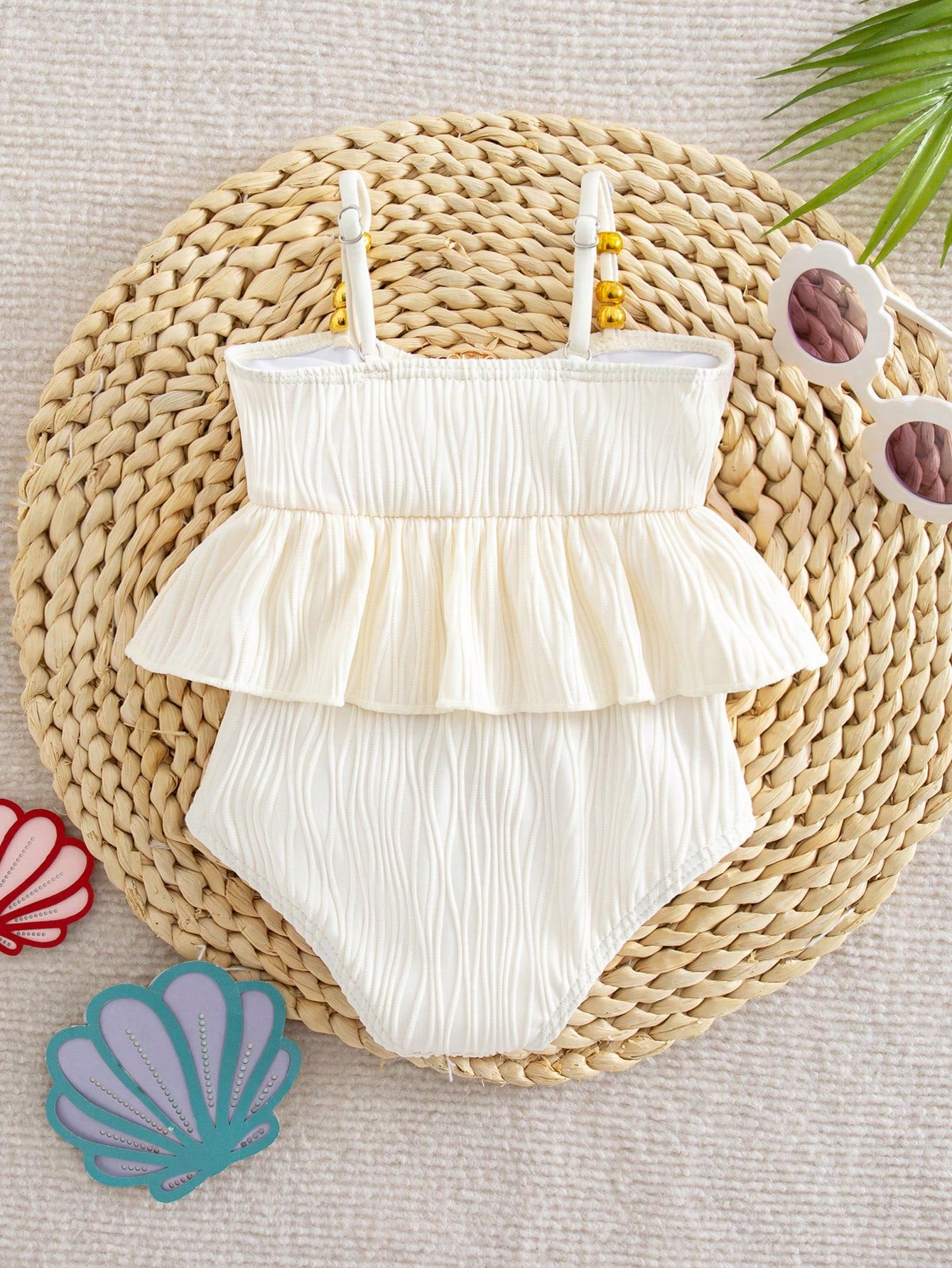 Baby Girl One-Piece Swimsuit,Holiday White Ruffle Seashell Frilled Monokini,Cute Polyester Summer Beach Bathing Suit,Fashionable Toddler Swimwear