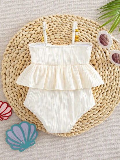 Baby Girl One-Piece Swimsuit,Holiday White Ruffle Seashell Frilled Monokini,Cute Polyester Summer Beach Bathing Suit,Fashionable Toddler Swimwear