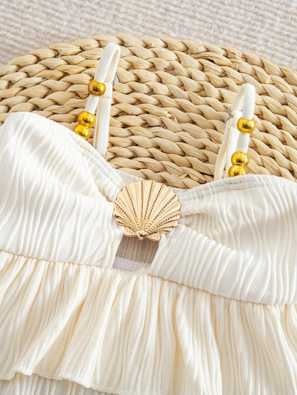 Baby Girl One-Piece Swimsuit,Holiday White Ruffle Seashell Frilled Monokini,Cute Polyester Summer Beach Bathing Suit,Fashionable Toddler Swimwear