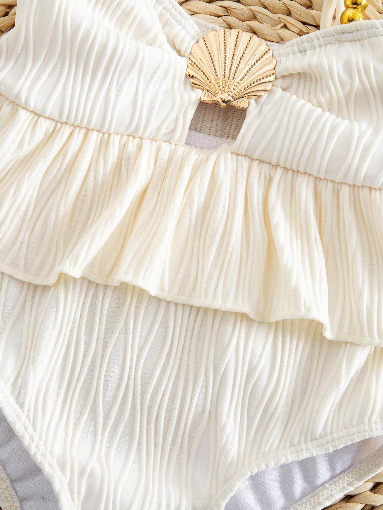 Baby Girl One-Piece Swimsuit,Holiday White Ruffle Seashell Frilled Monokini,Cute Polyester Summer Beach Bathing Suit,Fashionable Toddler Swimwear