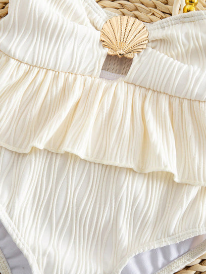 Baby Girl One-Piece Swimsuit,Holiday White Ruffle Seashell Frilled Monokini,Cute Polyester Summer Beach Bathing Suit,Fashionable Toddler Swimwear