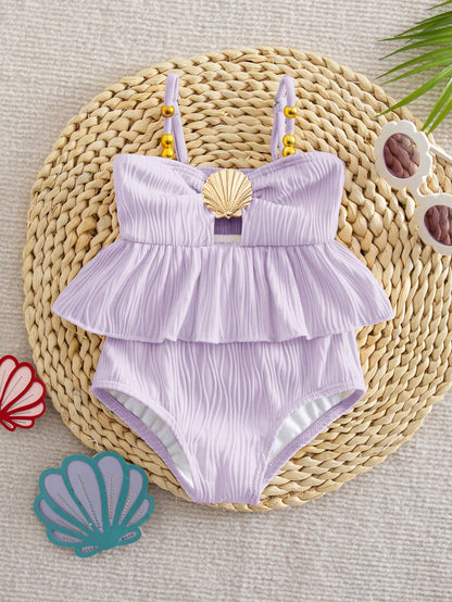 Baby Girl One-Piece Swimsuit,Holiday White Ruffle Seashell Frilled Monokini,Cute Polyester Summer Beach Bathing Suit,Fashionable Toddler Swimwear