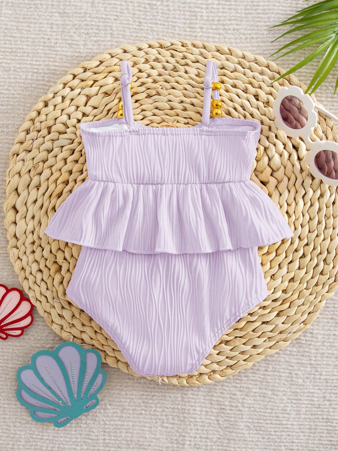 Baby Girl One-Piece Swimsuit,Holiday White Ruffle Seashell Frilled Monokini,Cute Polyester Summer Beach Bathing Suit,Fashionable Toddler Swimwear