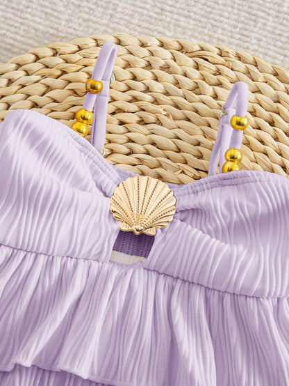 Baby Girl One-Piece Swimsuit,Holiday White Ruffle Seashell Frilled Monokini,Cute Polyester Summer Beach Bathing Suit,Fashionable Toddler Swimwear