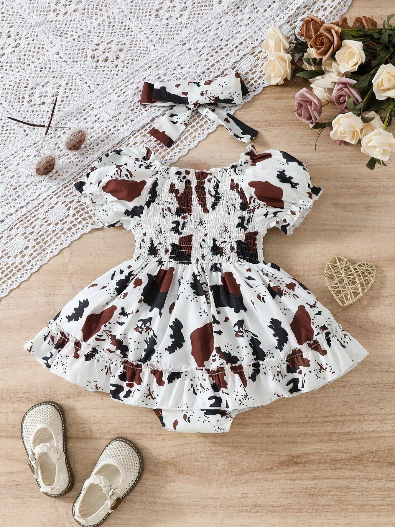 Baby Girl's 2pcs Fashionable Cow Printed Ruffle Hem Dress Bodysuit With Headband Set, Summer