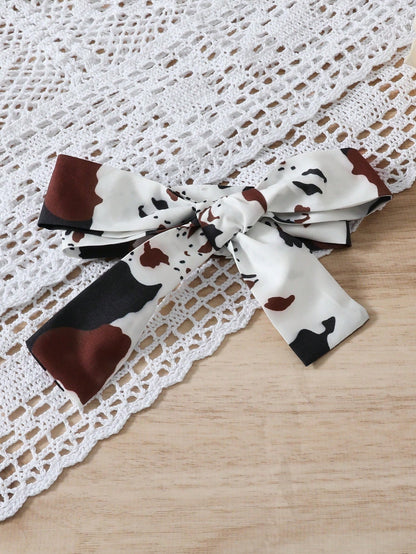 Baby Girl's 2pcs Fashionable Cow Printed Ruffle Hem Dress Bodysuit With Headband Set, Summer