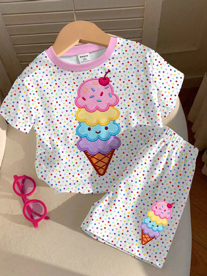 Baby Girl Simple Casual Cute Summer Ice Cream Pattern, Colorful Polka Dot Print, Sweet Creamy Style, Vacation Style, Round Neck Short Sleeve T-Shirt And Leggings Set, Suitable For Spring And Sum