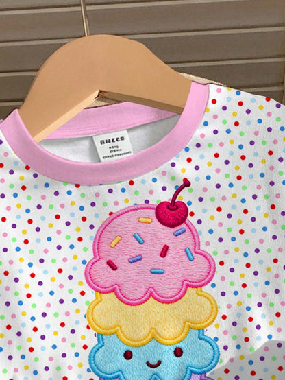 Baby Girl Simple Casual Cute Summer Ice Cream Pattern, Colorful Polka Dot Print, Sweet Creamy Style, Vacation Style, Round Neck Short Sleeve T-Shirt And Leggings Set, Suitable For Spring And Sum