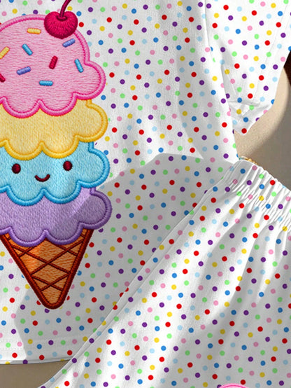 Baby Girl Simple Casual Cute Summer Ice Cream Pattern, Colorful Polka Dot Print, Sweet Creamy Style, Vacation Style, Round Neck Short Sleeve T-Shirt And Leggings Set, Suitable For Spring And Sum