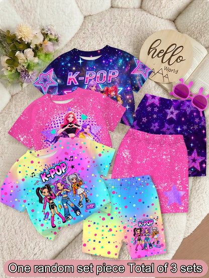 Baby Girl Simple Casual Cute Summer Ice Cream Pattern, Colorful Polka Dot Print, Sweet Creamy Style, Vacation Style, Round Neck Short Sleeve T-Shirt And Leggings Set, Suitable For Spring And Sum