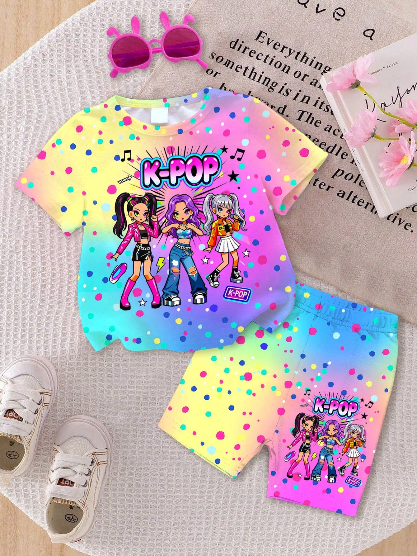 Baby Girl Simple Casual Cute Summer Ice Cream Pattern, Colorful Polka Dot Print, Sweet Creamy Style, Vacation Style, Round Neck Short Sleeve T-Shirt And Leggings Set, Suitable For Spring And Sum