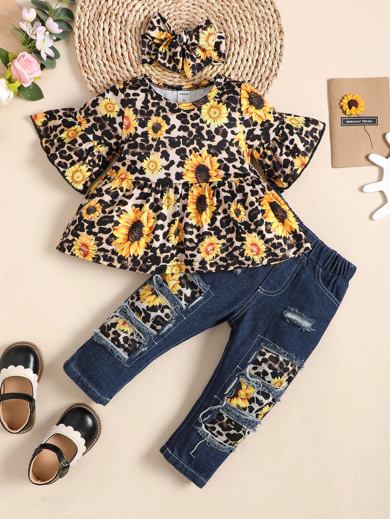Baby Girl Sunflower Print Flounce Sleeve Tee & Patched Jeans & Headband