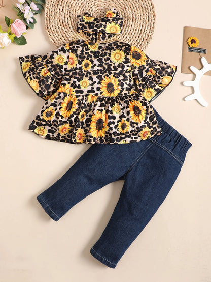Baby Girl Sunflower Print Flounce Sleeve Tee & Patched Jeans & Headband