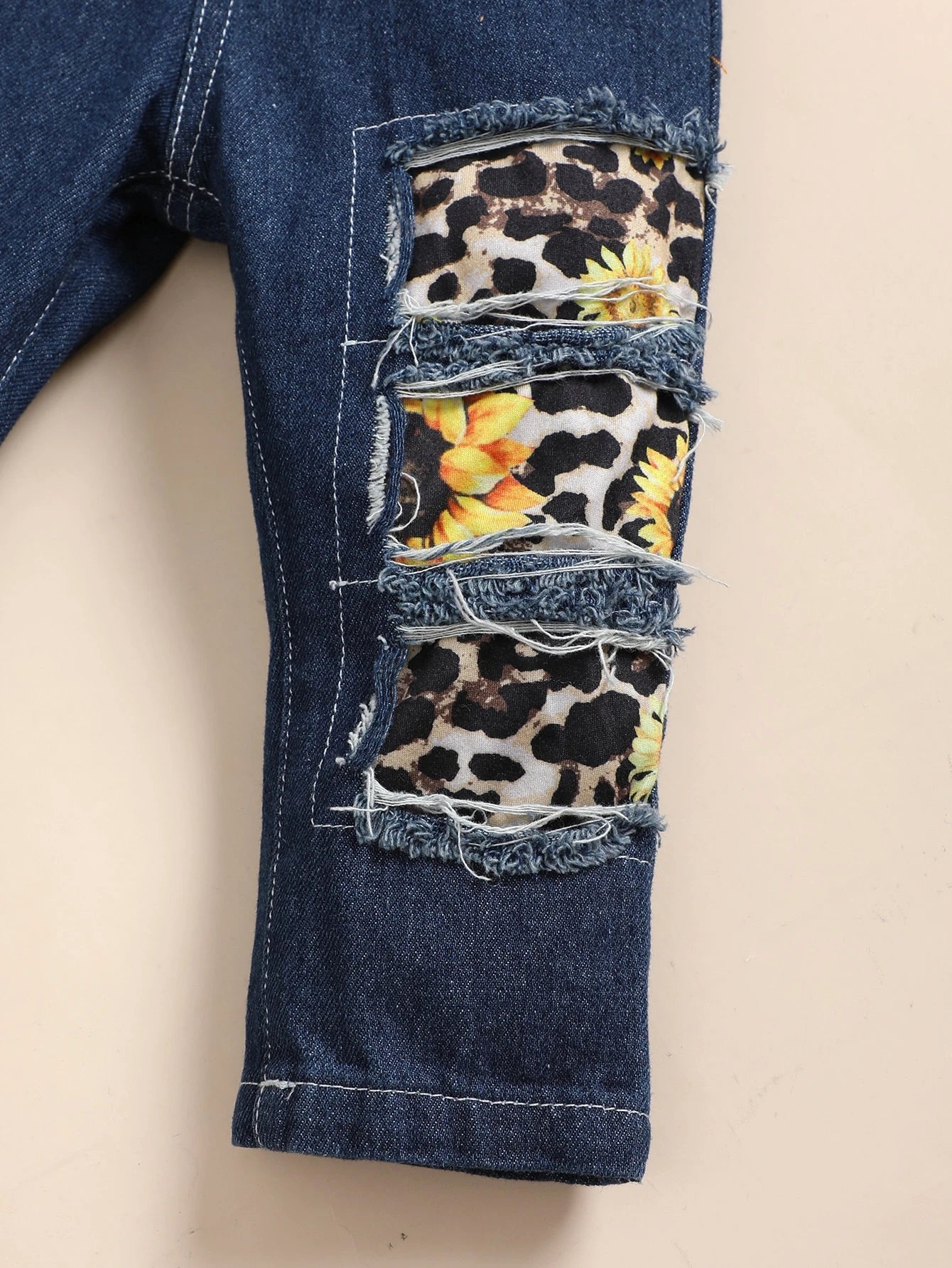 Baby Girl Sunflower Print Flounce Sleeve Tee & Patched Jeans & Headband