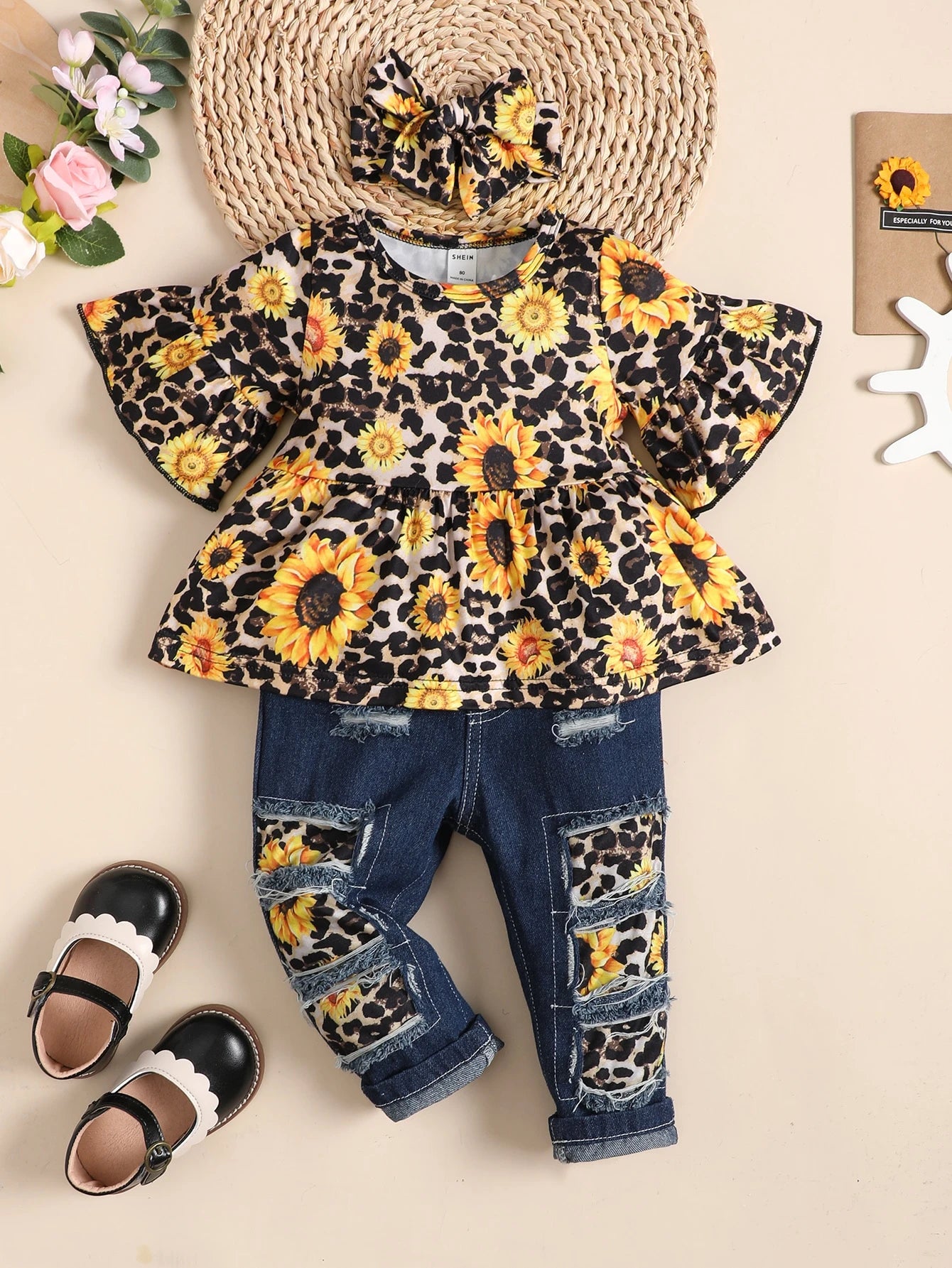 Baby Girl Sunflower Print Flounce Sleeve Tee & Patched Jeans & Headband