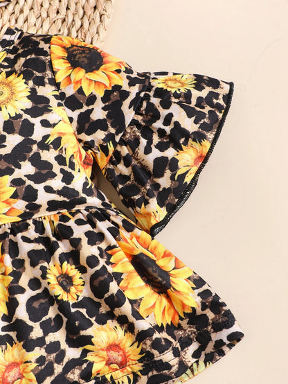Baby Girl Sunflower Print Flounce Sleeve Tee & Patched Jeans & Headband