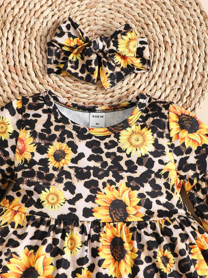 Baby Girl Sunflower Print Flounce Sleeve Tee & Patched Jeans & Headband