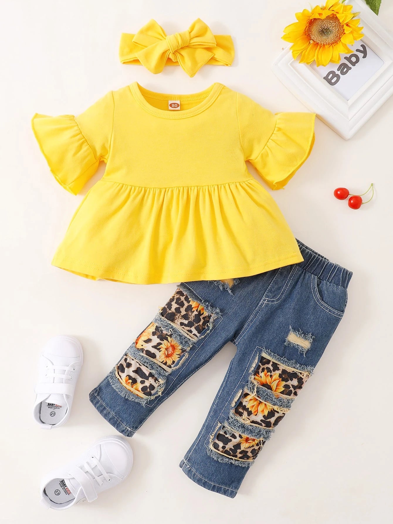 Baby Girl Sunflower Print Flounce Sleeve Tee & Patched Jeans & Headband