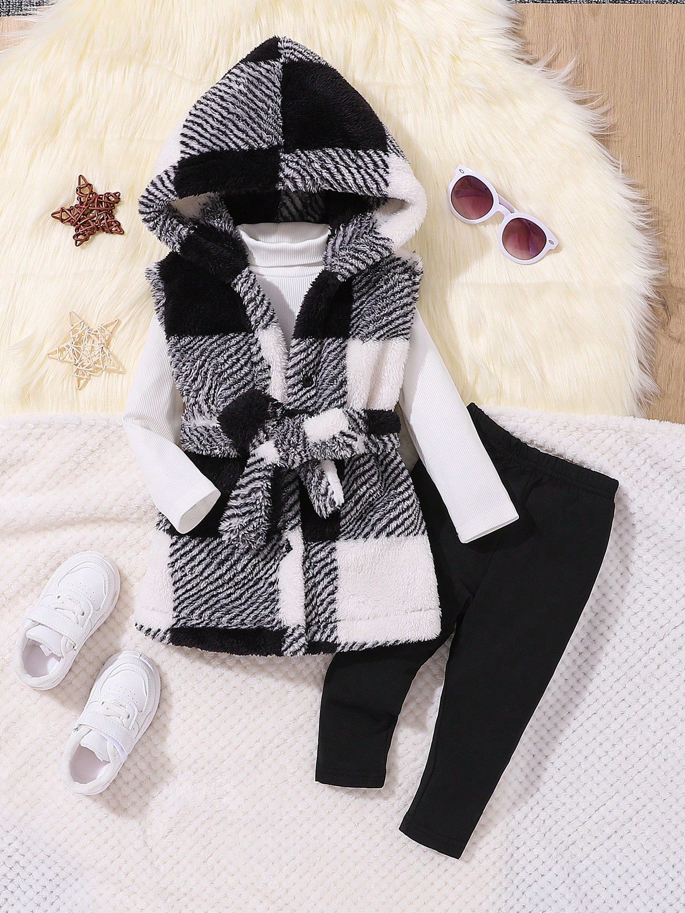Baby Girls' 3pcs Plaid Flannel Thickened Warm Vest Basic Casual Cute Outfits, For Christmas