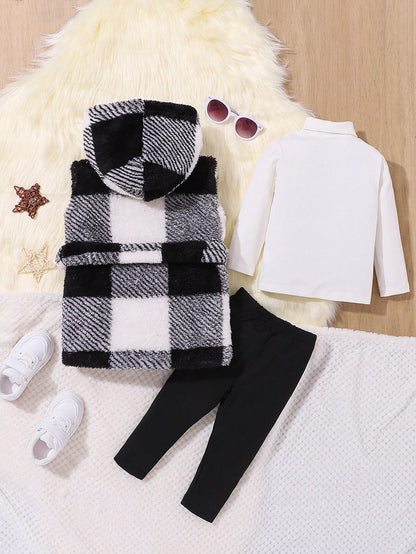 Baby Girls' 3pcs Plaid Flannel Thickened Warm Vest Basic Casual Cute Outfits, For Christmas