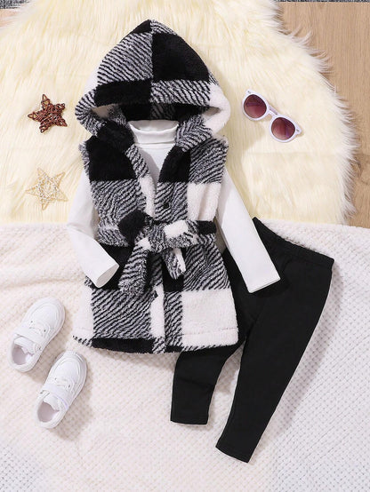 Baby Girls' 3pcs Plaid Flannel Thickened Warm Vest Basic Casual Cute Outfits, For Christmas