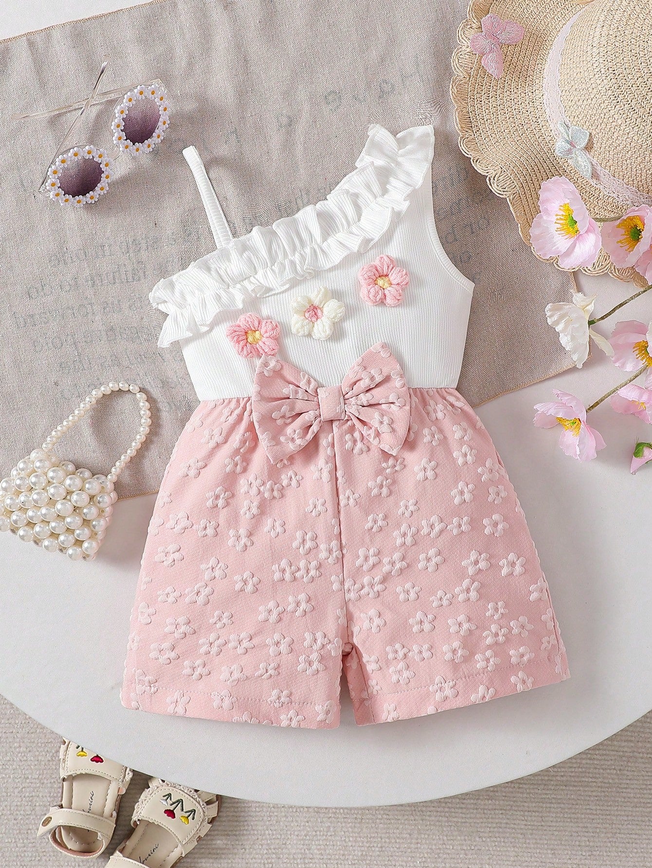 Baby Girls' Fashion Elegant Asymmetric Shoulder 3D Floral Bow Romper, Summer