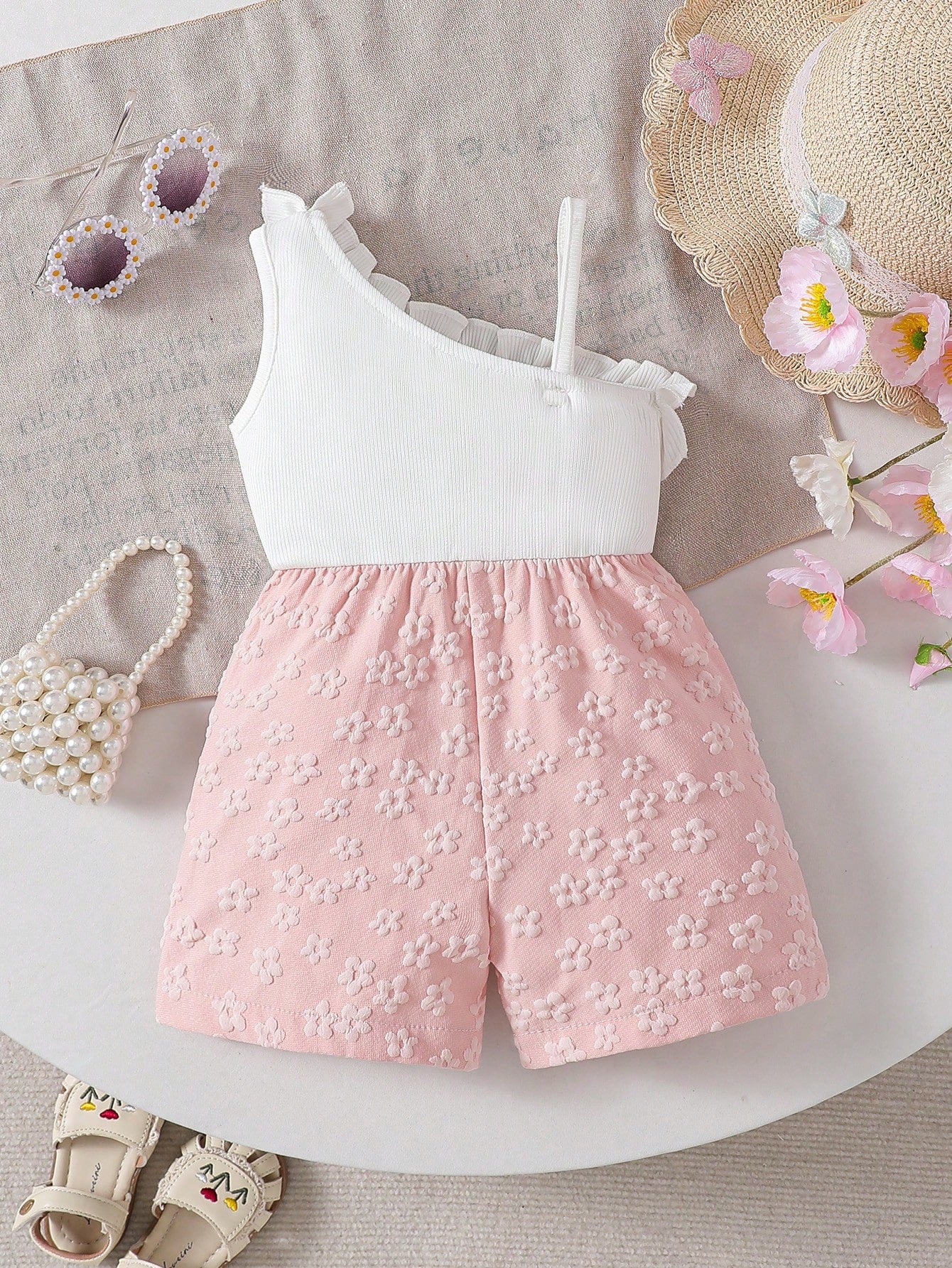 Baby Girls' Fashion Elegant Asymmetric Shoulder 3D Floral Bow Romper, Summer