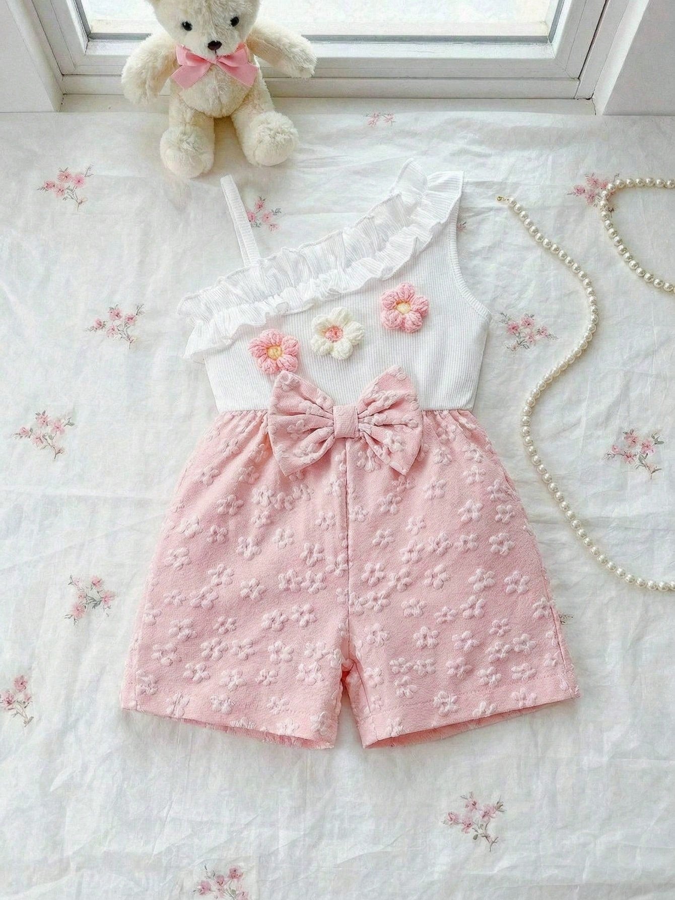 Baby Girls' Fashion Elegant Asymmetric Shoulder 3D Floral Bow Romper, Summer