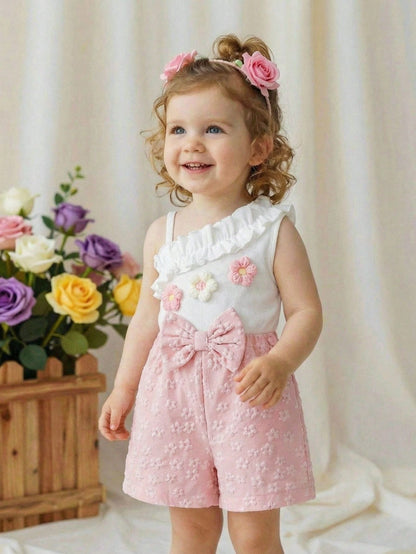 Baby Girls' Fashion Elegant Asymmetric Shoulder 3D Floral Bow Romper, Summer