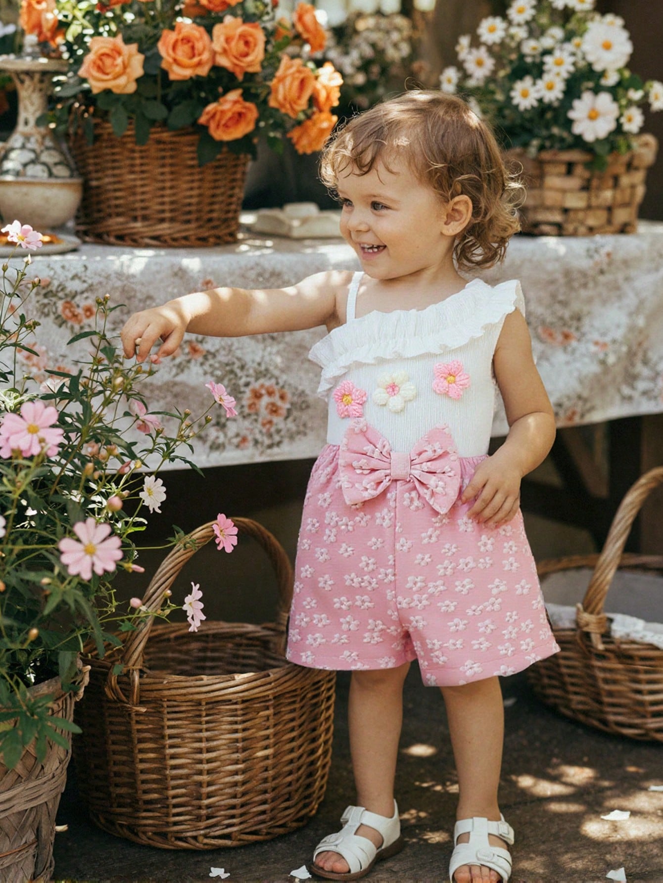 Baby Girls' Fashion Elegant Asymmetric Shoulder 3D Floral Bow Romper, Summer