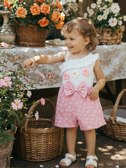 Baby Girls' Fashion Elegant Asymmetric Shoulder 3D Floral Bow Romper, Summer