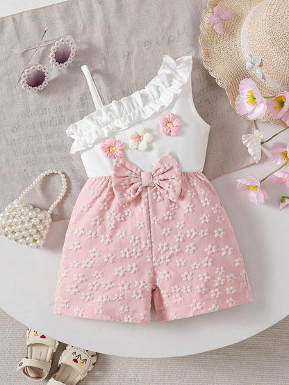 Baby Girls' Fashion Elegant Asymmetric Shoulder 3D Floral Bow Romper, Summer