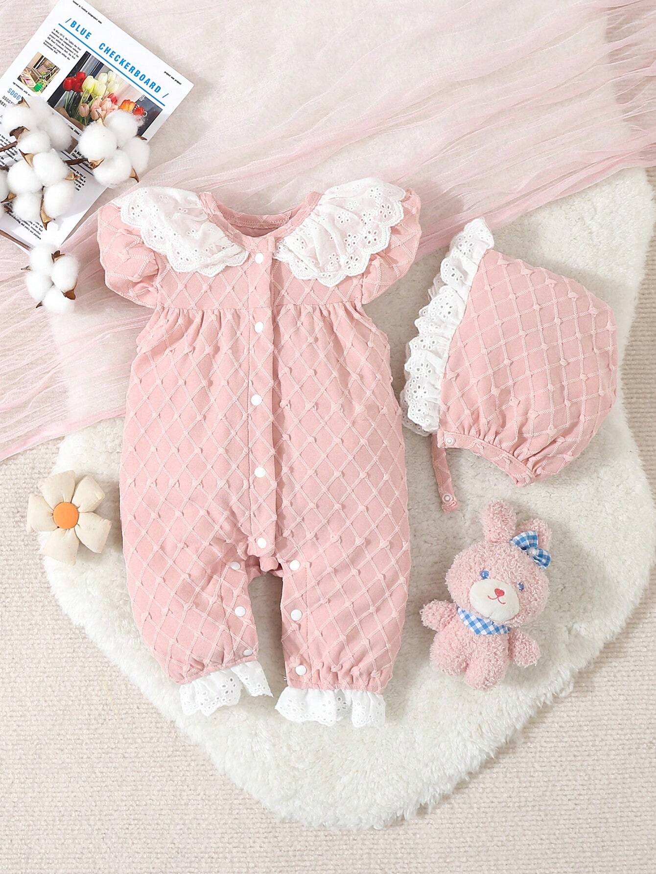 Baby Girls' Pink Simple Style Short Sleeve Long Jumpsuit With White Lace Edge For Home-Wear