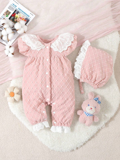 Baby Girls' Pink Simple Style Short Sleeve Long Jumpsuit With White Lace Edge For Home-Wear