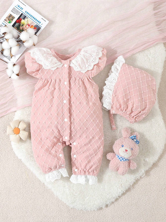 Baby Girls' Pink Simple Style Short Sleeve Long Jumpsuit With White Lace Edge For Home-Wear