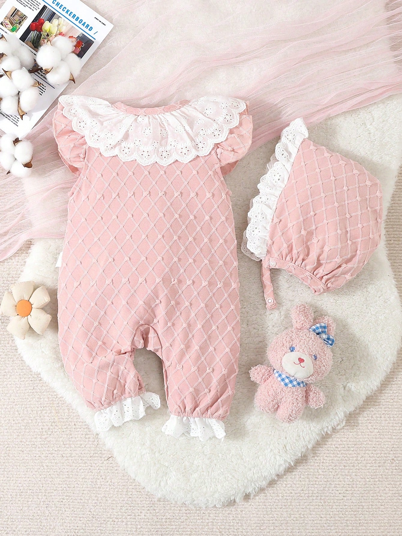 Baby Girls' Pink Simple Style Short Sleeve Long Jumpsuit With White Lace Edge For Home-Wear