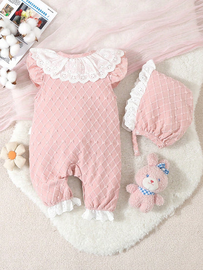 Baby Girls' Pink Simple Style Short Sleeve Long Jumpsuit With White Lace Edge For Home-Wear