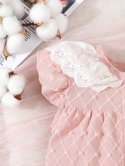 Baby Girls' Pink Simple Style Short Sleeve Long Jumpsuit With White Lace Edge For Home-Wear