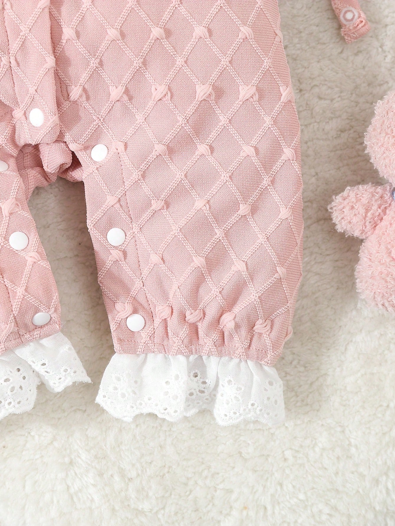 Baby Girls' Pink Simple Style Short Sleeve Long Jumpsuit With White Lace Edge For Home-Wear