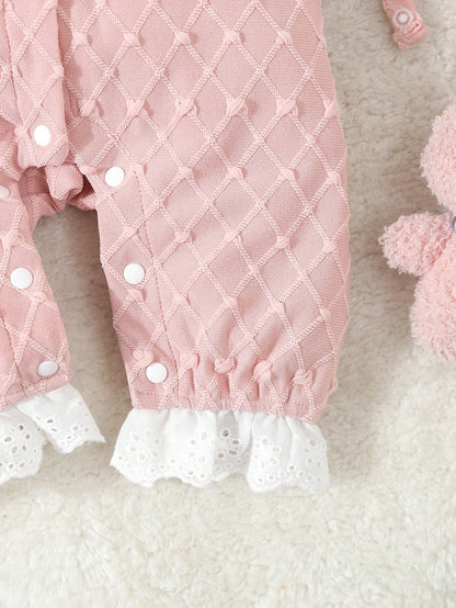 Baby Girls' Pink Simple Style Short Sleeve Long Jumpsuit With White Lace Edge For Home-Wear