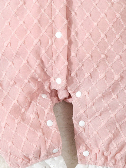 Baby Girls' Pink Simple Style Short Sleeve Long Jumpsuit With White Lace Edge For Home-Wear