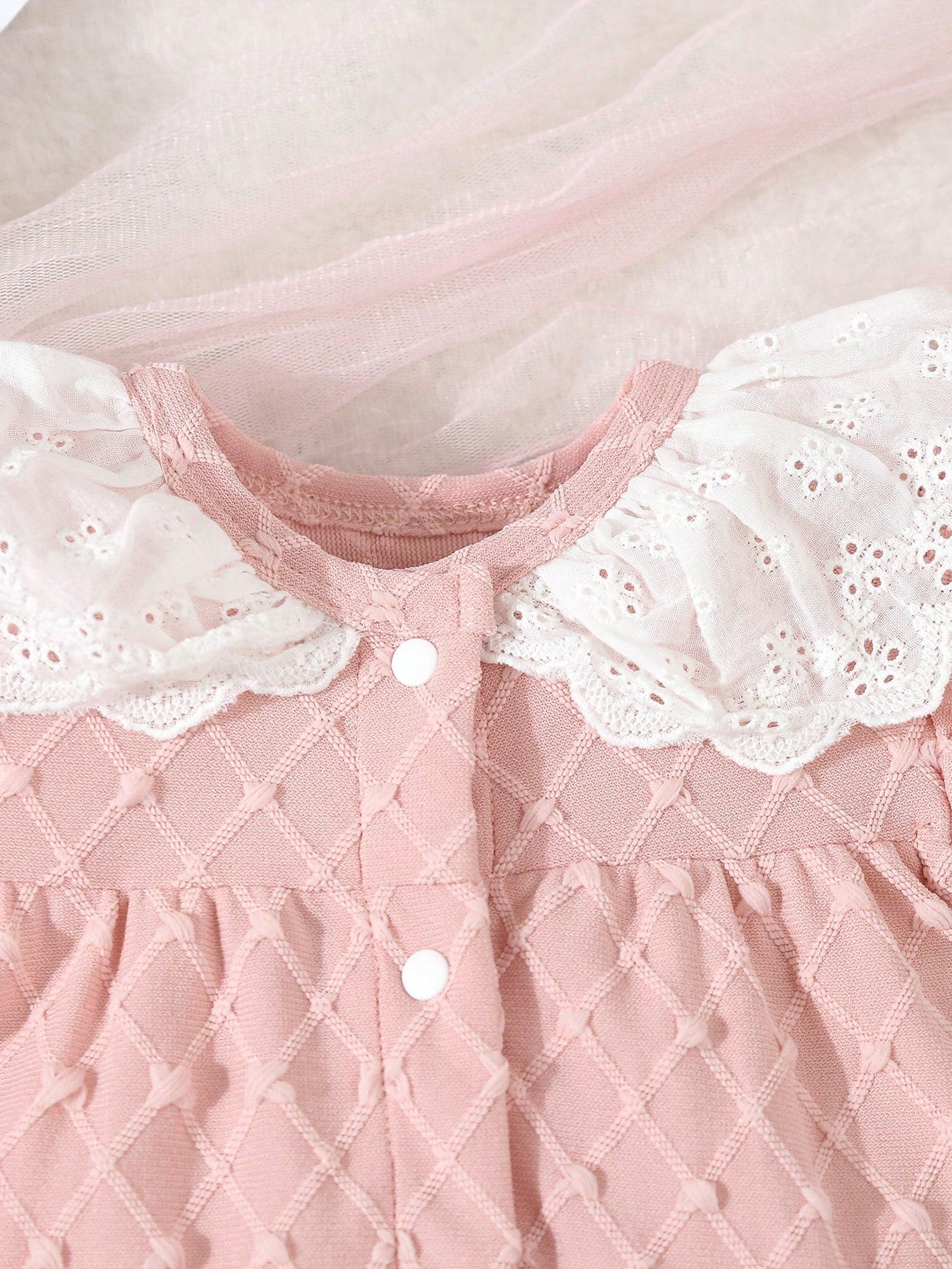 Baby Girls' Pink Simple Style Short Sleeve Long Jumpsuit With White Lace Edge For Home-Wear