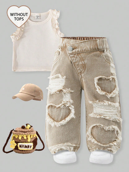 Baby Girls' Slant Waist Ripped Heart Jeans, Khaki, Summer, Soft Cotton Fabric, Back-To-School Career Day Tapered Pants, Light Wash Denim Graduation