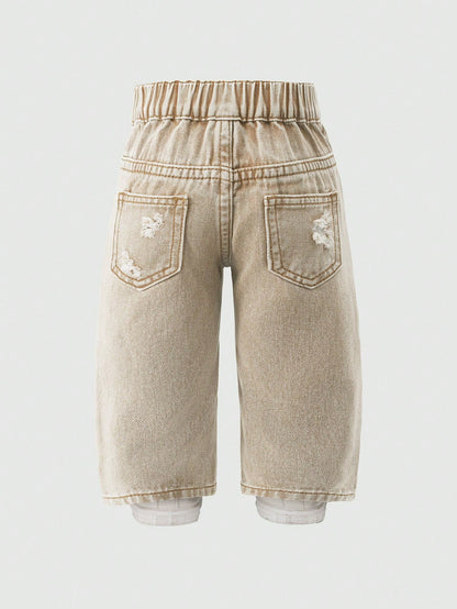 Baby Girls' Slant Waist Ripped Heart Jeans, Khaki, Summer, Soft Cotton Fabric, Back-To-School Career Day Tapered Pants, Light Wash Denim Graduation