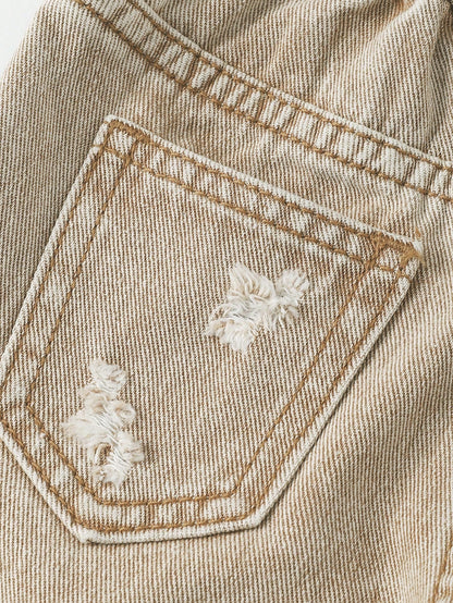 Baby Girls' Slant Waist Ripped Heart Jeans, Khaki, Summer, Soft Cotton Fabric, Back-To-School Career Day Tapered Pants, Light Wash Denim Graduation