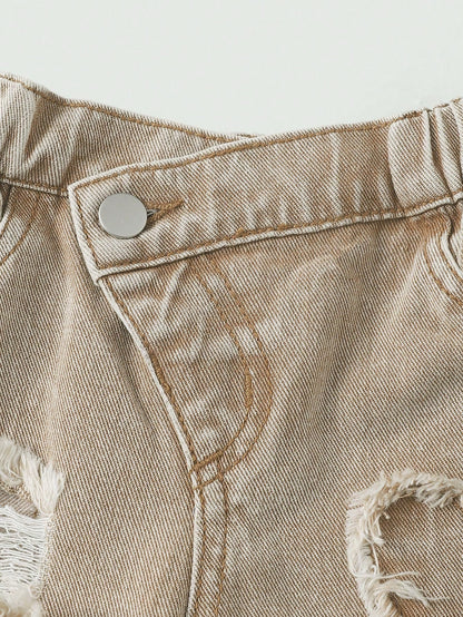 Baby Girls' Slant Waist Ripped Heart Jeans, Khaki, Summer, Soft Cotton Fabric, Back-To-School Career Day Tapered Pants, Light Wash Denim Graduation