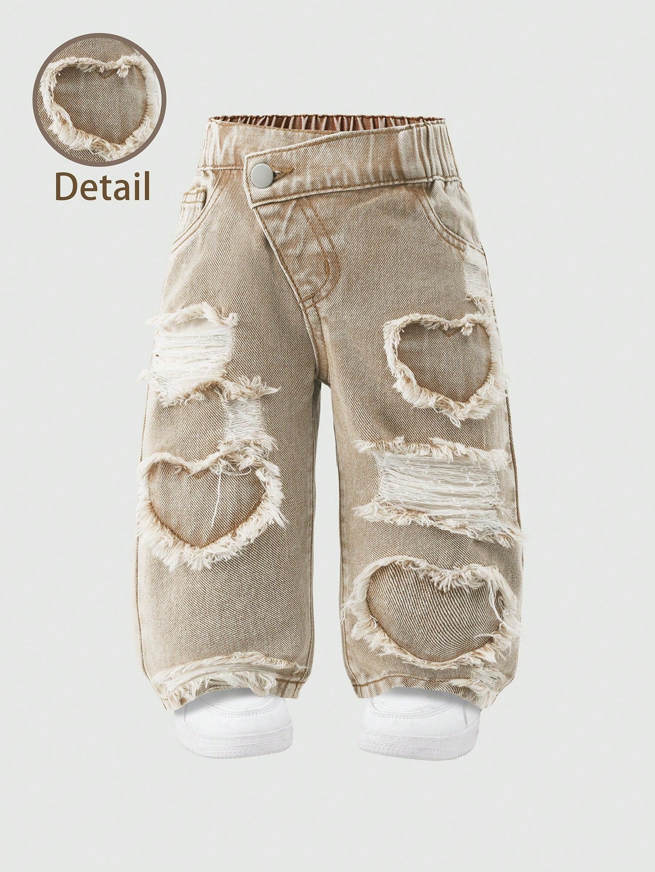 Baby Girls' Slant Waist Ripped Heart Jeans, Khaki, Summer, Soft Cotton Fabric, Back-To-School Career Day Tapered Pants, Light Wash Denim Graduation