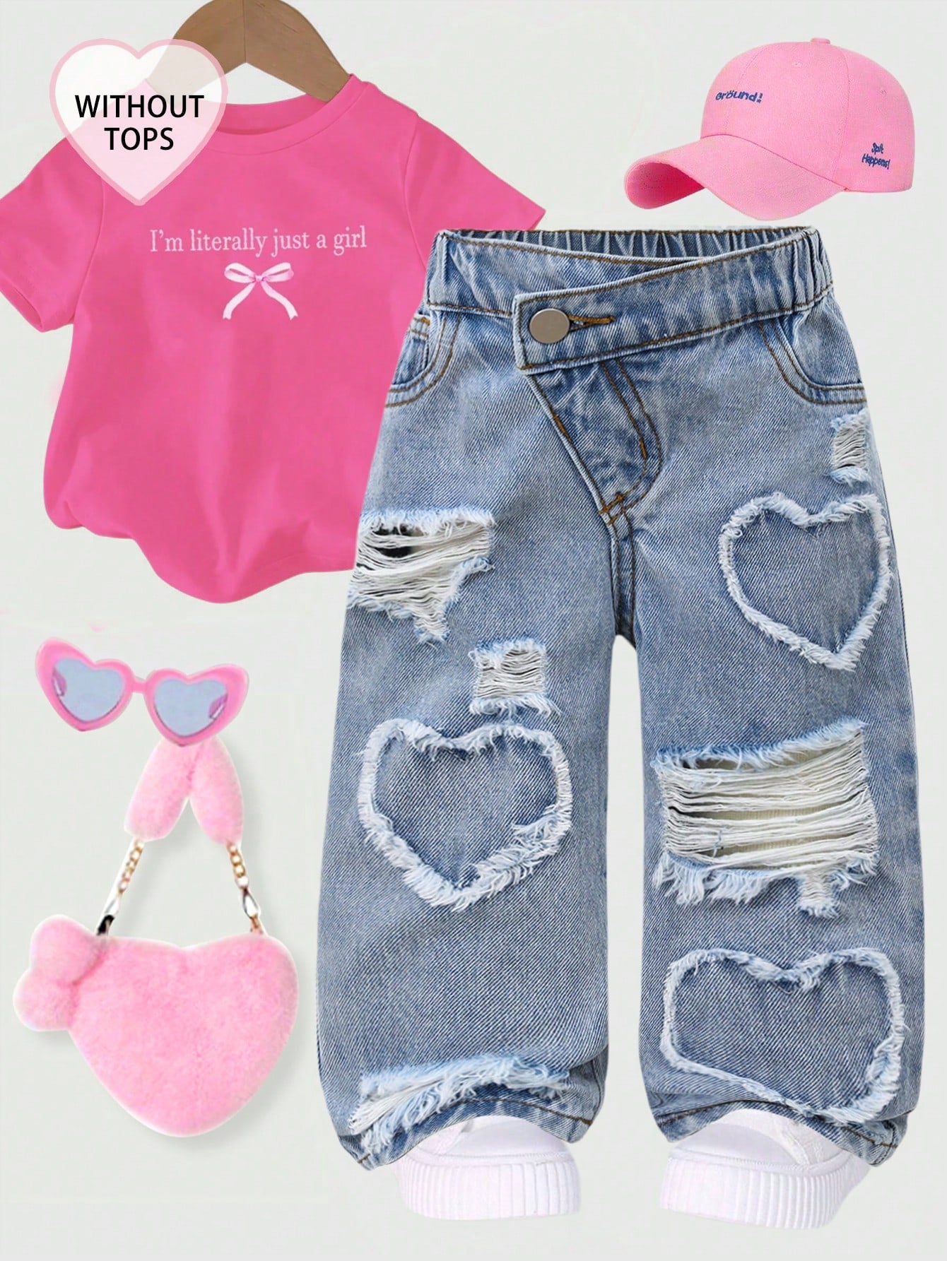 Baby Girls' Slant Waist Ripped Heart Jeans, Khaki, Summer, Soft Cotton Fabric, Back-To-School Career Day Tapered Pants, Light Wash Denim Graduation